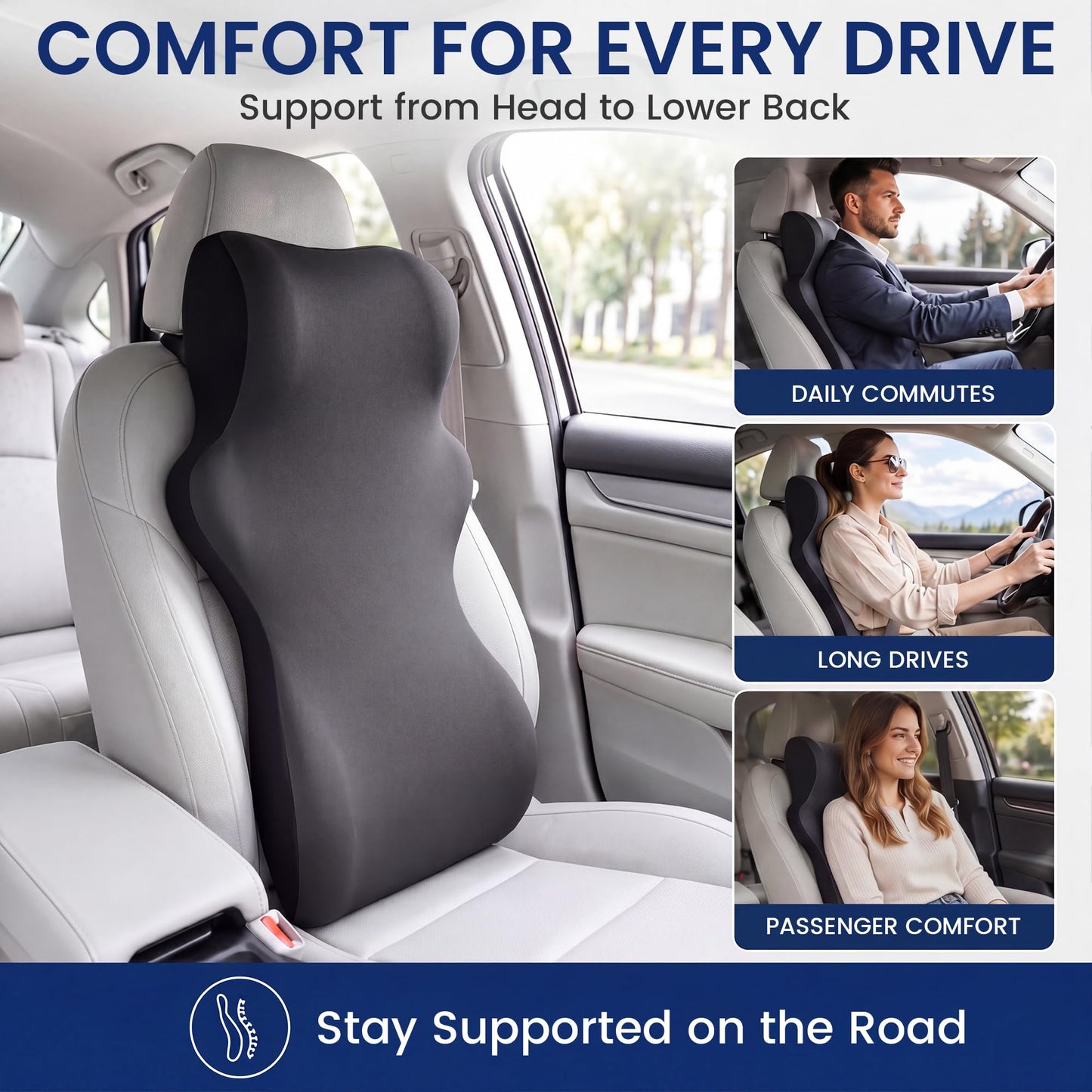 Car Headrest & Lumbar Support Pillow – One-Piece Neck & Back Cushion with Adjustable Straps