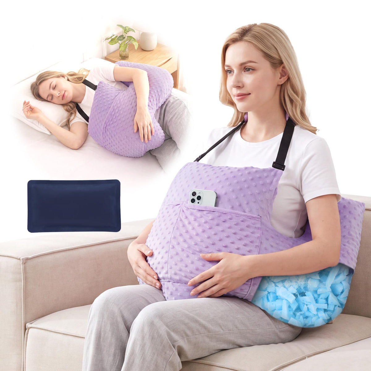Hombys Health Hysterectomy Pillow for Side Sleeping – Shredded Memory Foam Abdominal Surgery Recovery Pillow with Gel Pack