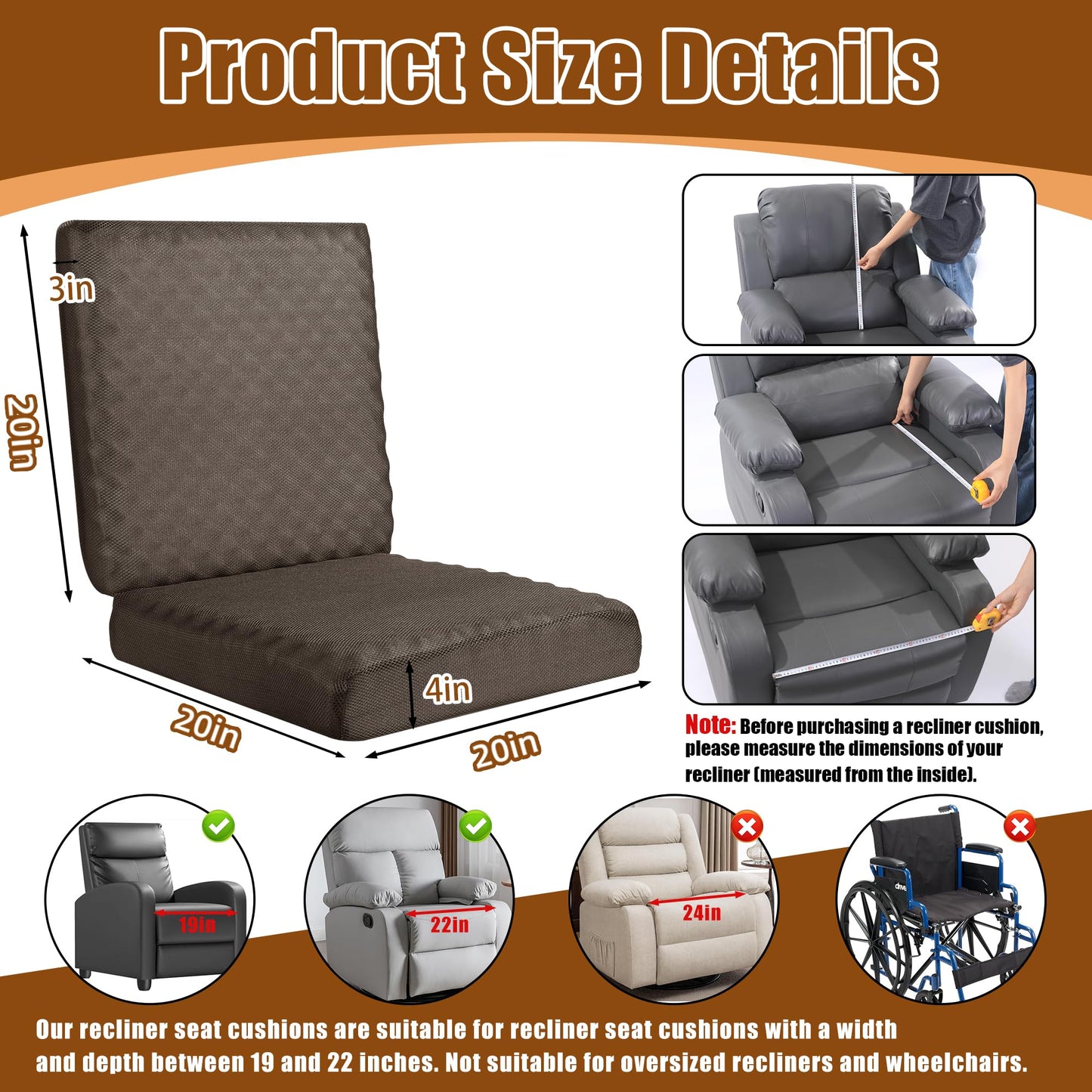 Hombys Health Recliner Cushion for Long Sitting – Extra Large Non‑Slip Seat Cushion with Back Support