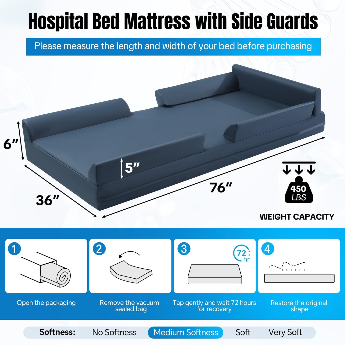 Hombys Health 6" Thickness 5-Zone Memory Foam Hospital Bed Mattress with Side Guards