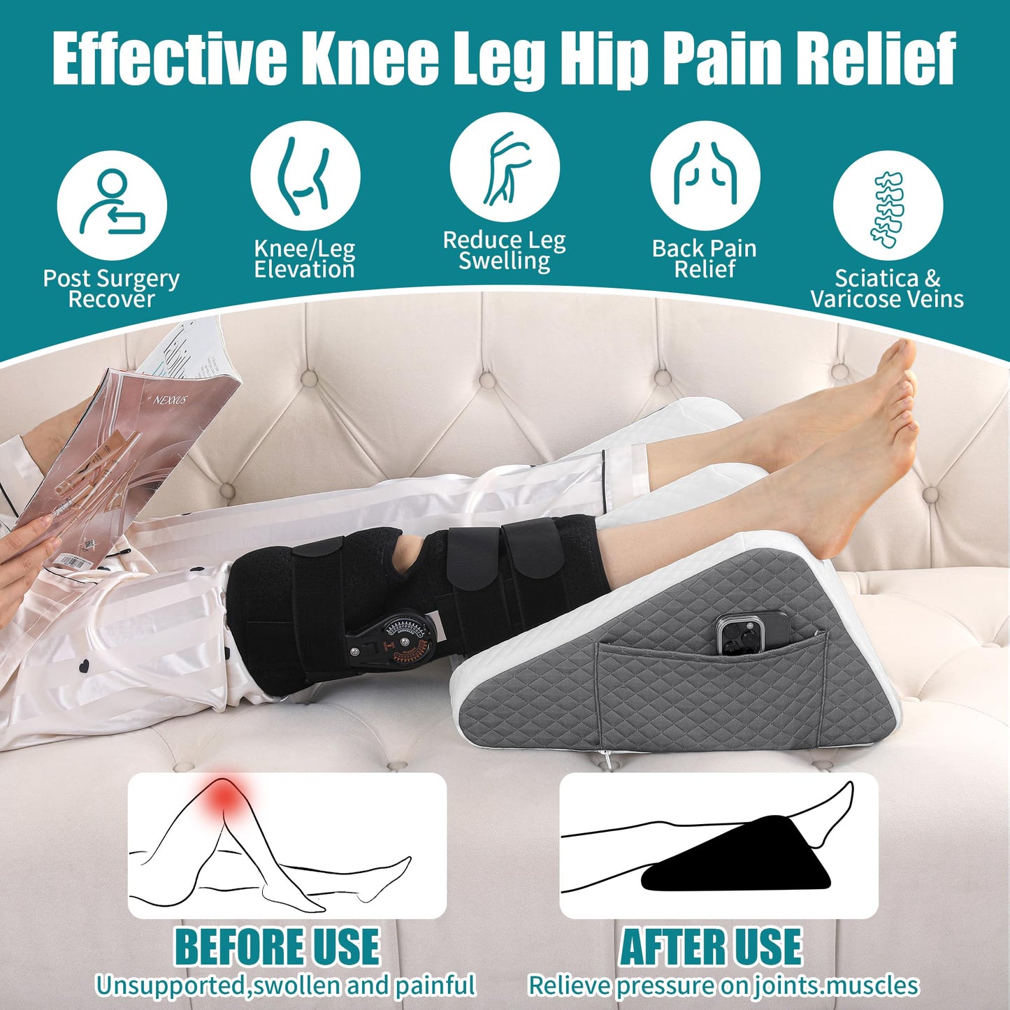Hombys Health Leg Elevation Pillow – 8.7'' Foam Leg Support Pillow for After Surgery, Knee Replacement Recovery & Hip Pain Relief
