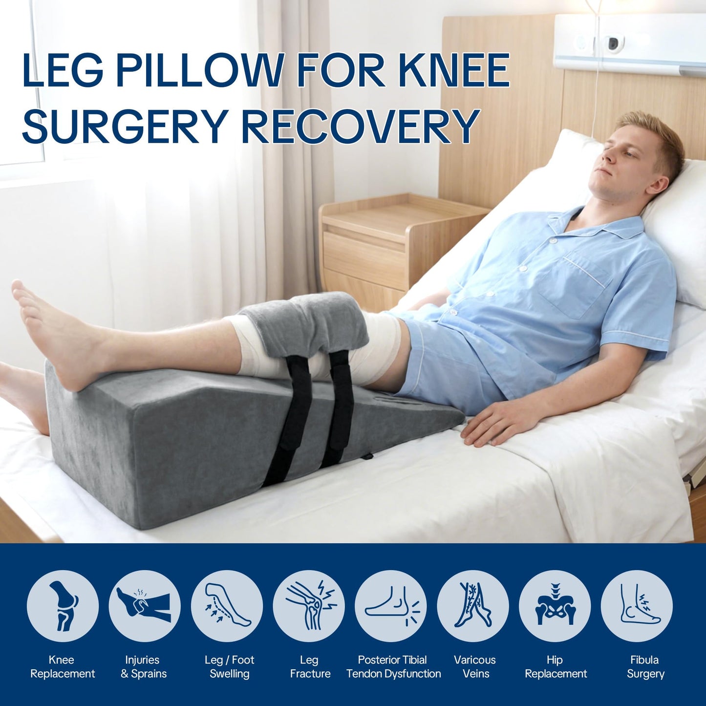 Hombys Health Leg Elevation Pillow – Post-Surgery Knee Replacement Support with 2 Cold Therapy Packs for Pain Relief, Swelling Reduction & Ankle Recovery