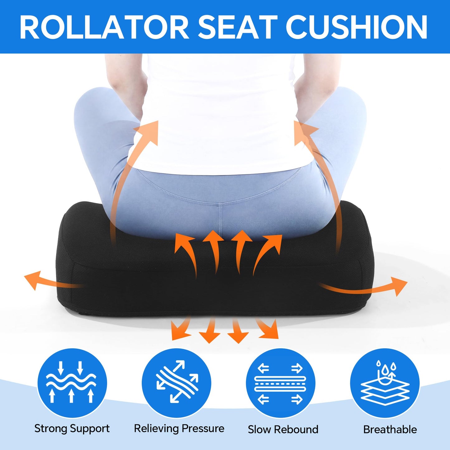 Walker Seat Cushion - 3.7" Gel Memory Foam Rollator Cushion with Non-Slip Secure Fit, Easy Clean Cover