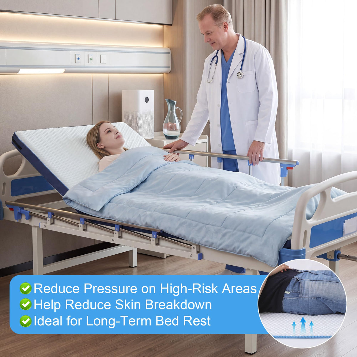 Hombys Health Bed Sore Prevention Pad – Gel Grid Pressure Relief Mattress Topper with Breathable Cover for Hospital Bed, 71.7 × 36 in