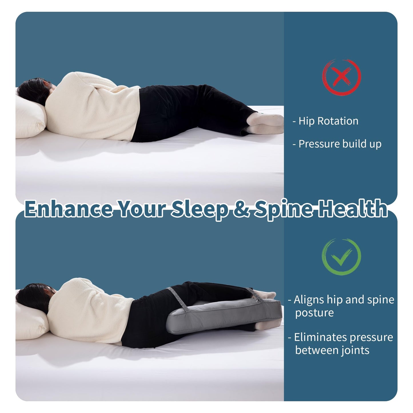 Hombys Health Knee Pillow for Side Sleepers – 4" Height Leg Support Pillow with Elastic Straps, Cotton Cover for Spine Alignment, Hip Pressure Relief & Lower Back Support