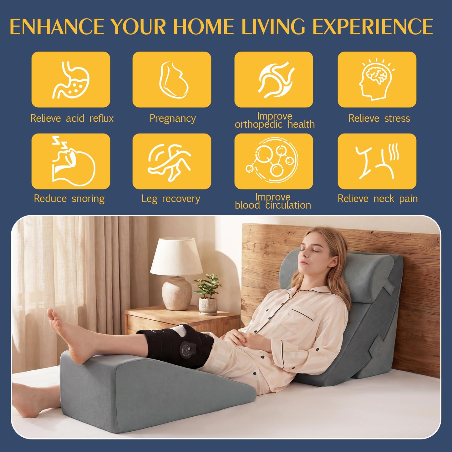 Wedge Pillow Set for Knee Surgery - 4 Piece Leg Elevation Pillow with Reading Support for Sleeping