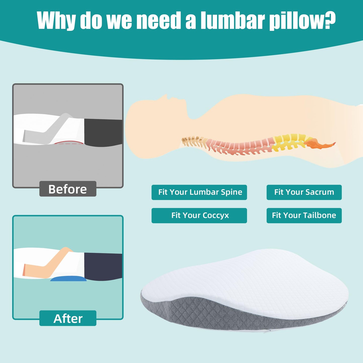 Hombys Health Memory Foam Lumbar Support Pillow for Bed
