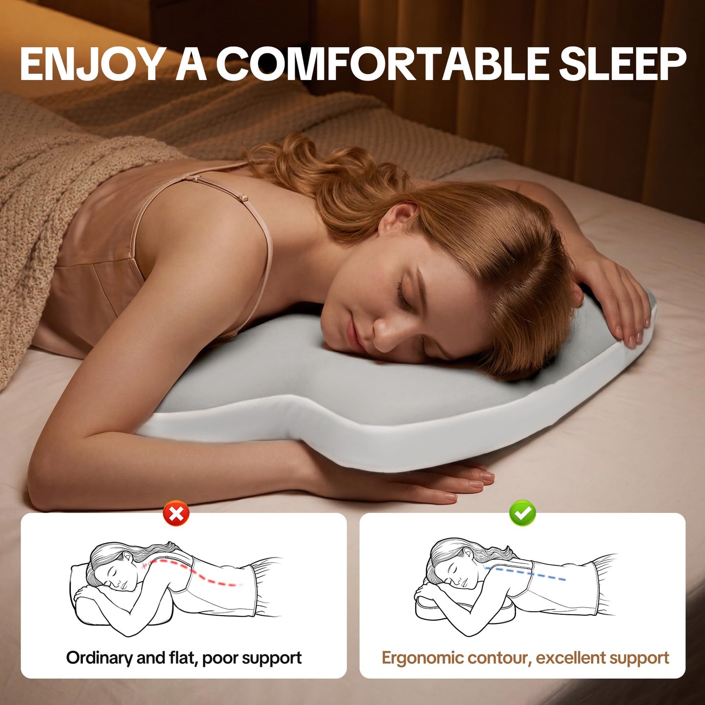 Pillow for Stomach Sleepers - Memory Foam Belly Sleeper Pillow for Neck Pain Relief, Ergonomic Thin Pillow with Washable Cover