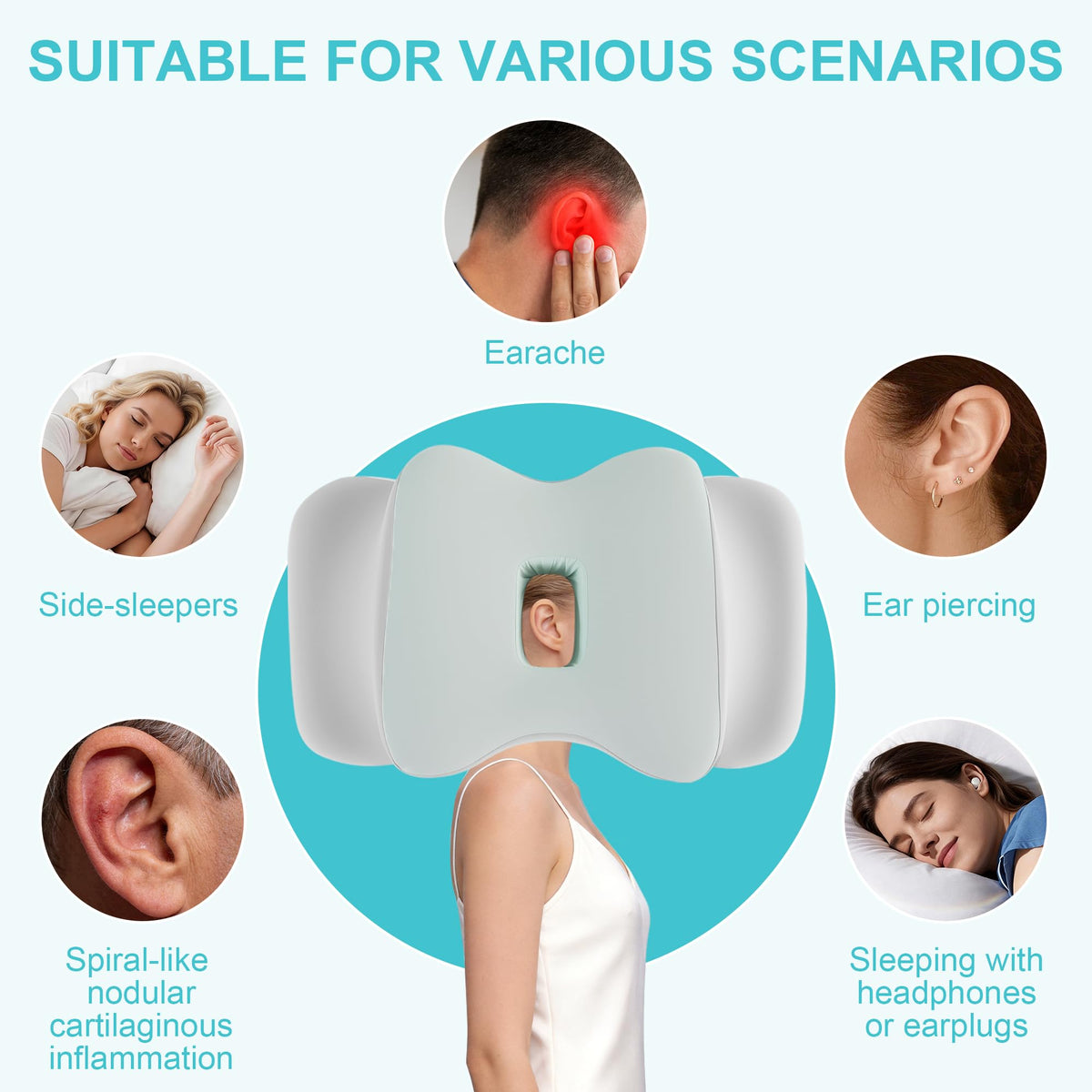 Hombys Health Ergonomic Ear Piercing Pillow for Side Sleeping – Memory Foam Ear Piercing Pillow, Large Ear Hole for Ear Pain & CNH Relief, Washable Cover