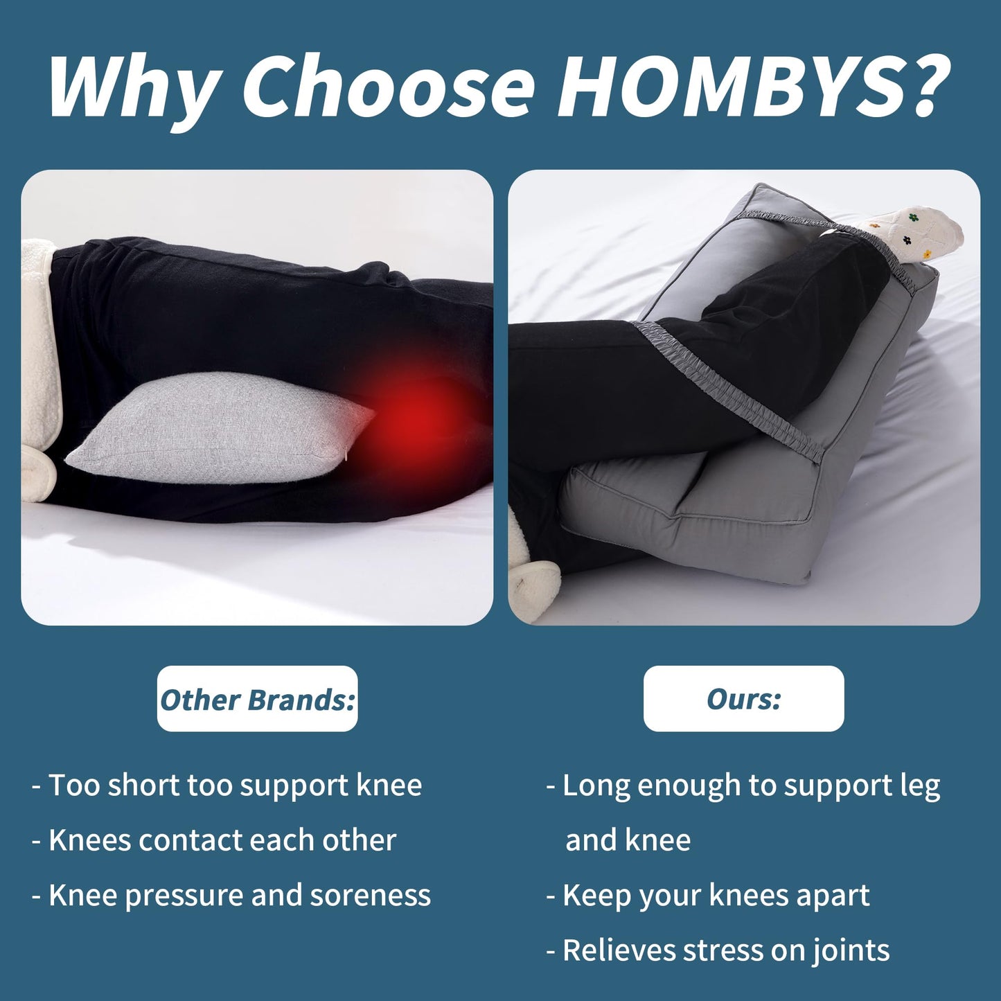 Hombys Health Knee Pillow for Side Sleepers – 4" Height Leg Support Pillow with Elastic Straps, Cotton Cover for Spine Alignment, Hip Pressure Relief & Lower Back Support