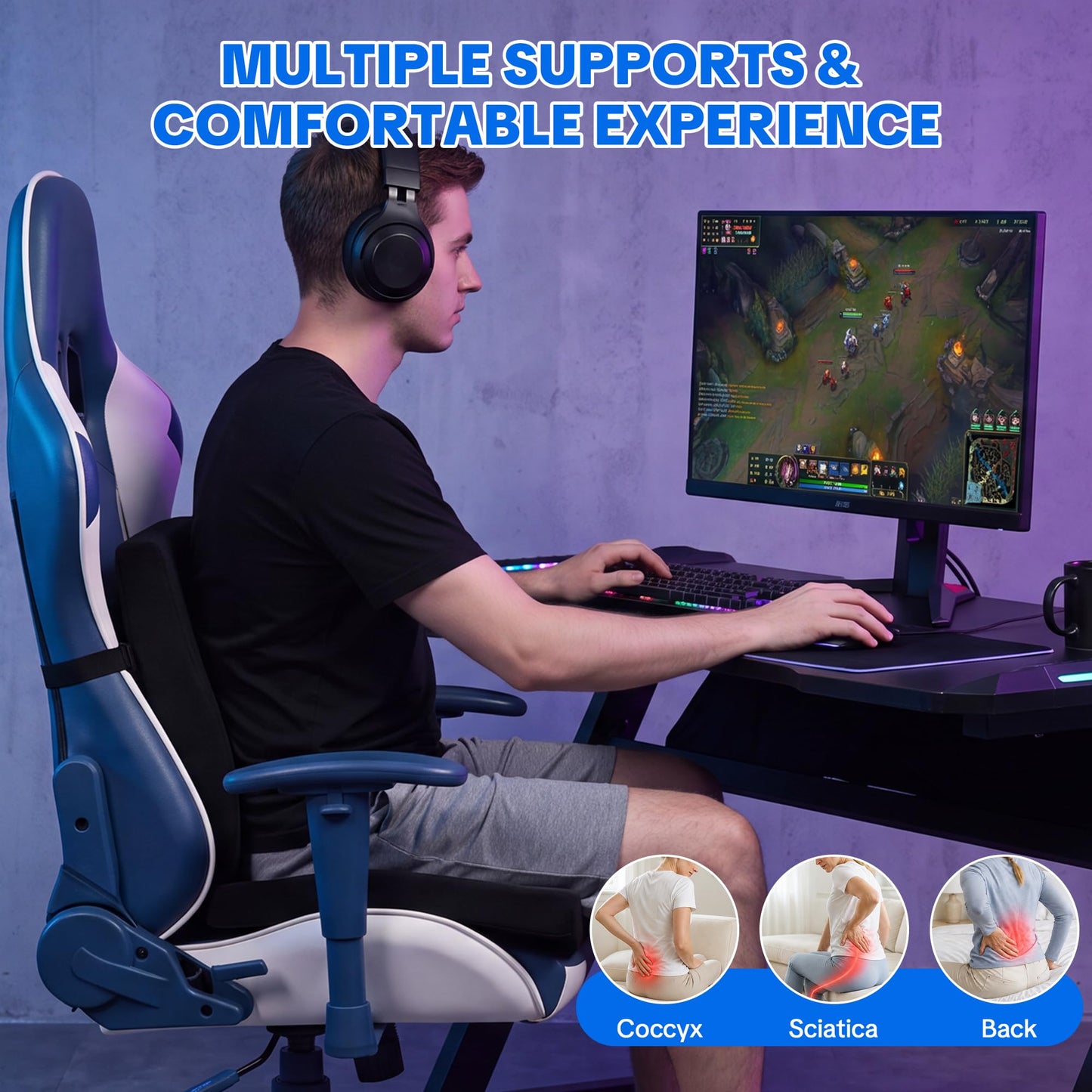 Gaming Chair Cushion Set – Memory Foam Seat Cushion & Lumbar Support Pillow with Anti-Slip Bottom for Gaming Chair, Office Chair, Car & Couch