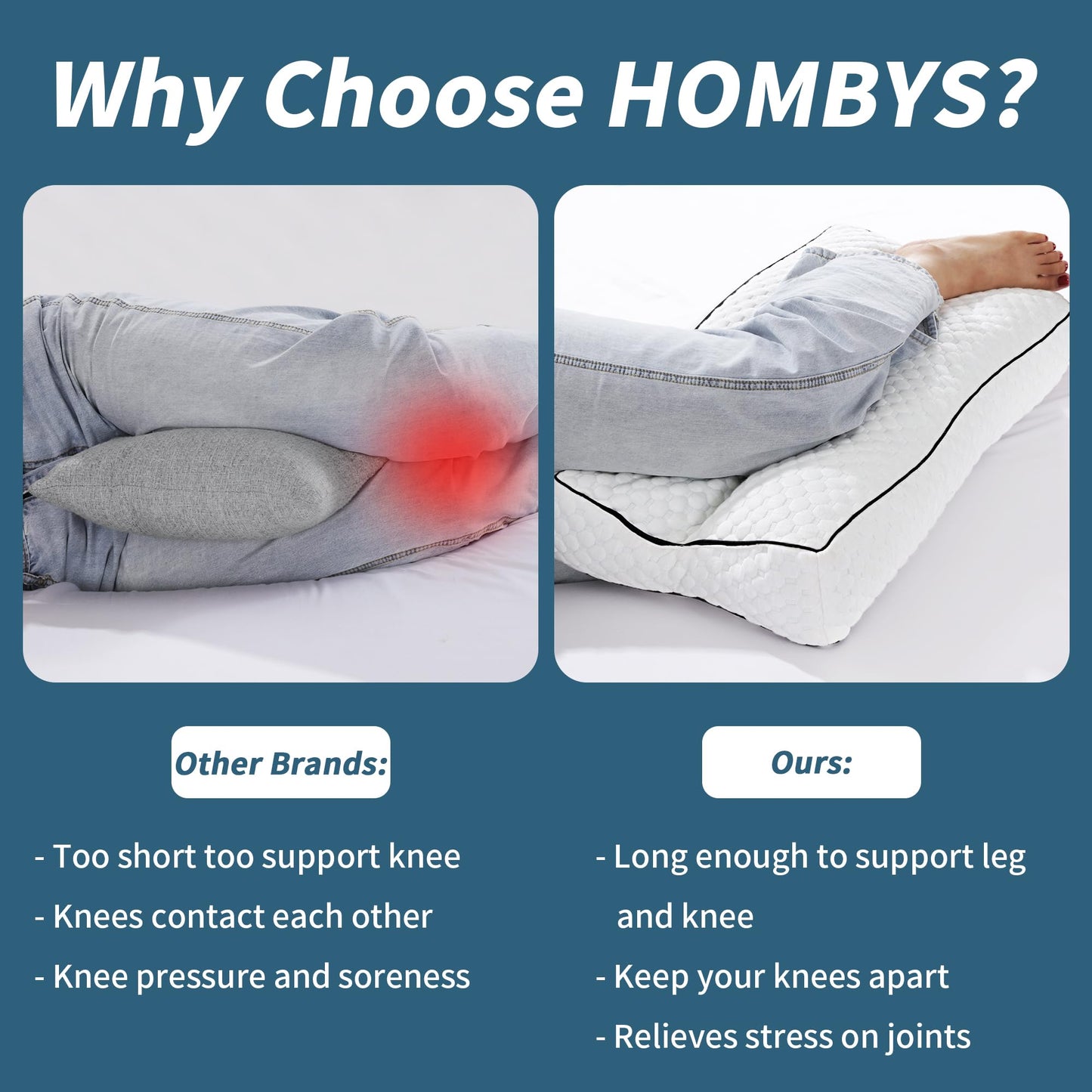 Hombys Health Knee Pillow for Side Sleepers – 6.5" Shredded Memory Foam Leg Support Pillow for Spine Alignment, Hip Pressure Relief & Pregnancy, Sciatica Comfort