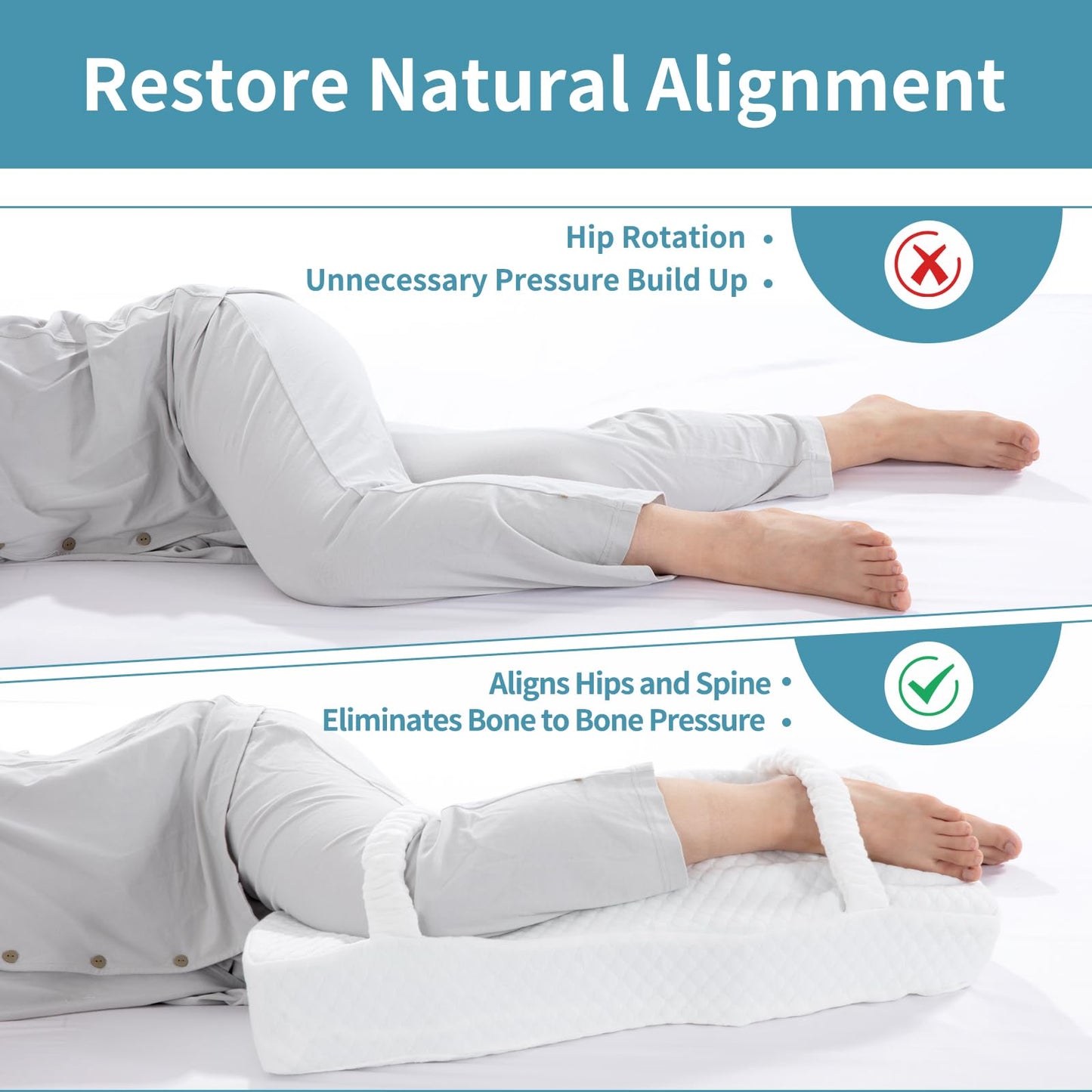 Hombys Health Knee Pillow for Side Sleepers – Memory Foam Leg Support Pillow with Strap for Better Body Alignment, Hip Comfort & Lower Back Pain Relief