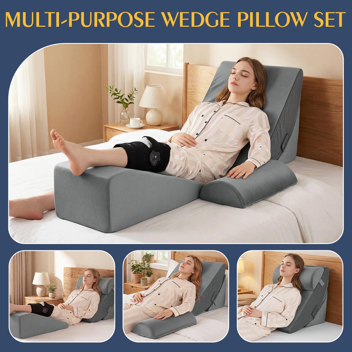 Wedge Pillow Set for Knee Surgery - 4 Piece Leg Elevation Pillow with Reading Support for Sleeping