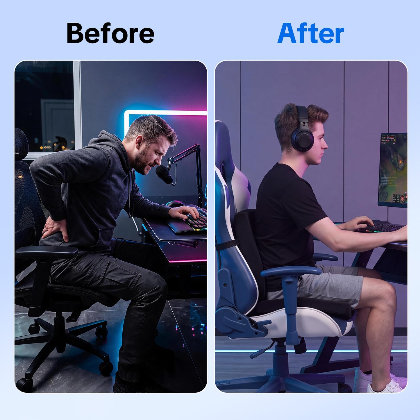 Gaming Chair Cushion Set – Memory Foam Seat Cushion & Lumbar Support Pillow with Anti-Slip Bottom for Gaming Chair, Office Chair, Car & Couch