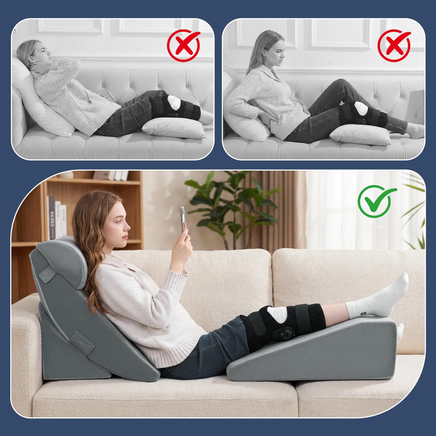 Wedge Pillow Set for Knee Surgery - 4 Piece Leg Elevation Pillow with Reading Support for Sleeping